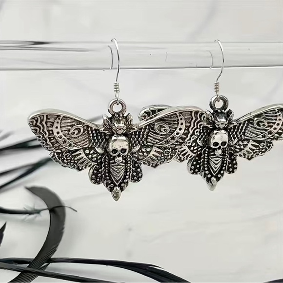 Silver Skull Moth Drop Earrings - Picture 6 of 15